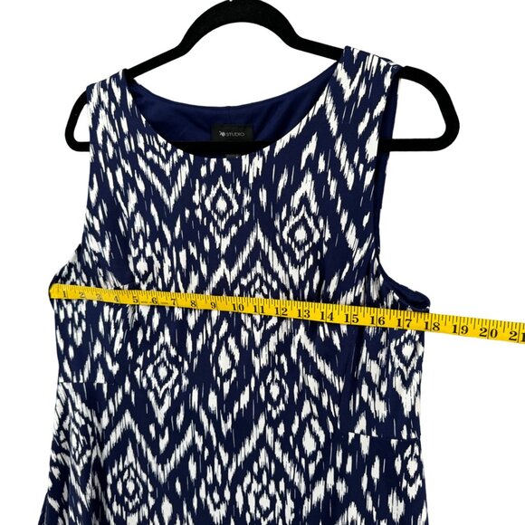 AB Studio Ikat Mini Dress Blue White Sleeveless Lined Stretch Pullover Size L - Picture 9 of 9
